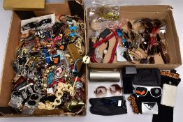 TWO BOXES OF ASSORTED ITEMS, to include a box of assorted costume jewellery such as a white metal