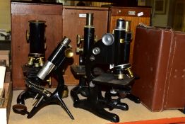 FOUR CASED AND ONE UNCASED ASSORTED MONOCULAR MICROSCOPES, W.Watson & Sons 'Kima', No 59970, Prior