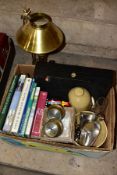 A BOX OF BOOKS, METALWARES, CERAMICS, ETC, including Celeste brass cased clock and matching