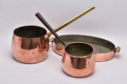 COPPER AND BRASS KITCHEN WARES, comprising an oval Battle brand twin handled pan, approximate length