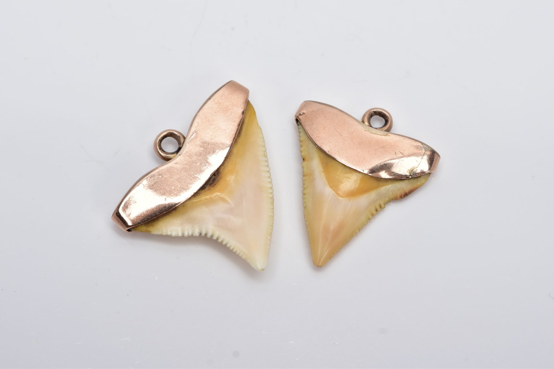 TWO YELLOW METAL MOUNTED SHARK TEETH, each mounted with a suspension ring, no hallmarks or stamps,