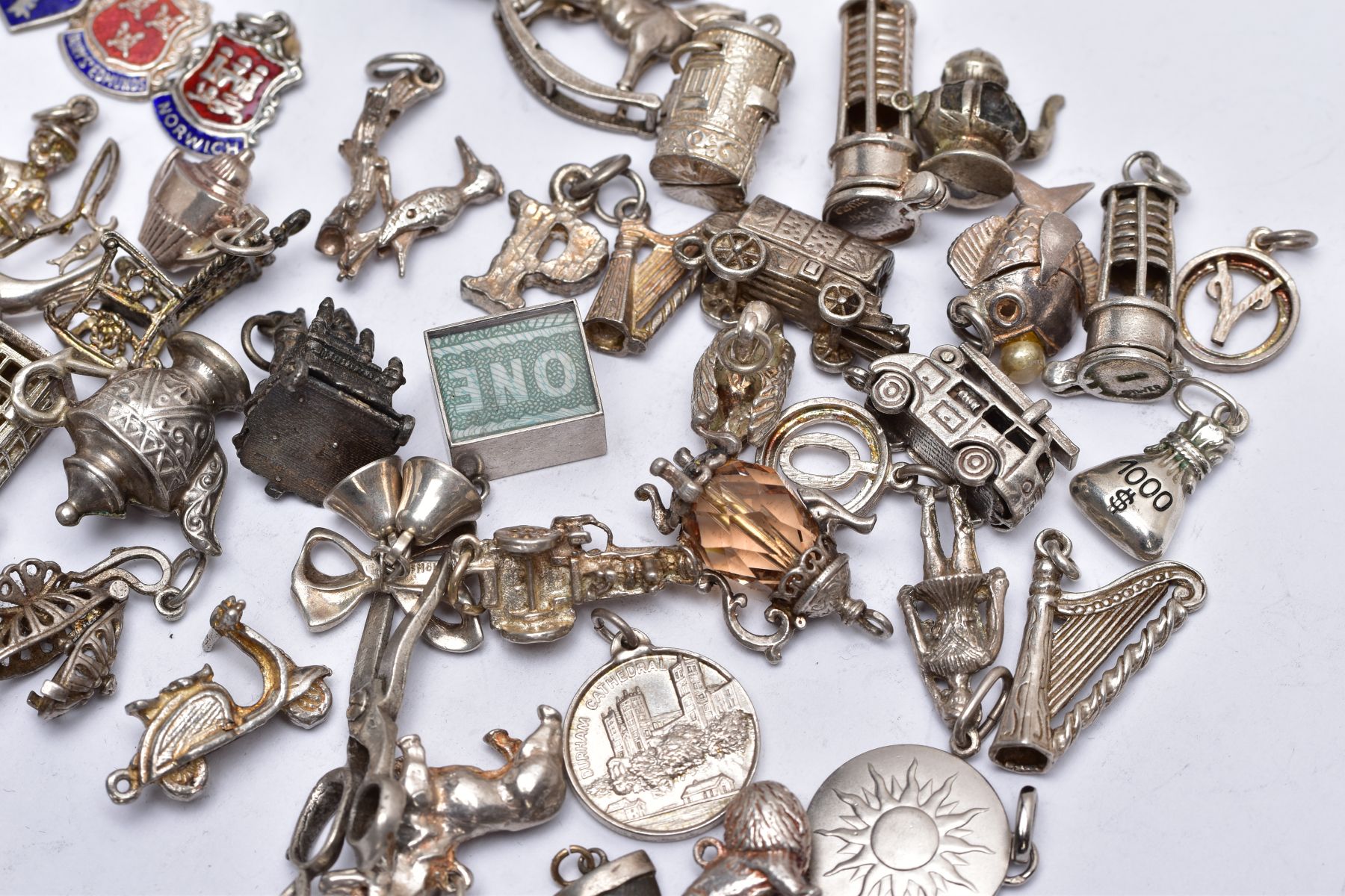 A QUANTITY OF SILVER AND WHITE METAL CHARMS, to include fifty six charms in various forms such as - Image 3 of 7
