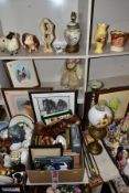 THREE BOXES OF CERAMICS, GLASSWARE AND LOOSE METALWARE AND PICTURES, etc including two pieces of