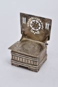 A LATE 19TH CENTURY RUSSIAN SILVER SALT CELLAR, in the form of a throne with lifting seat, worn gilt