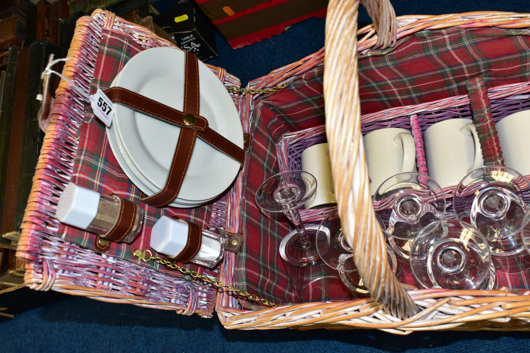 A MODERN WICKER PICNIC BASKET, containing four place settings with two extra wine glasses, - Image 3 of 8