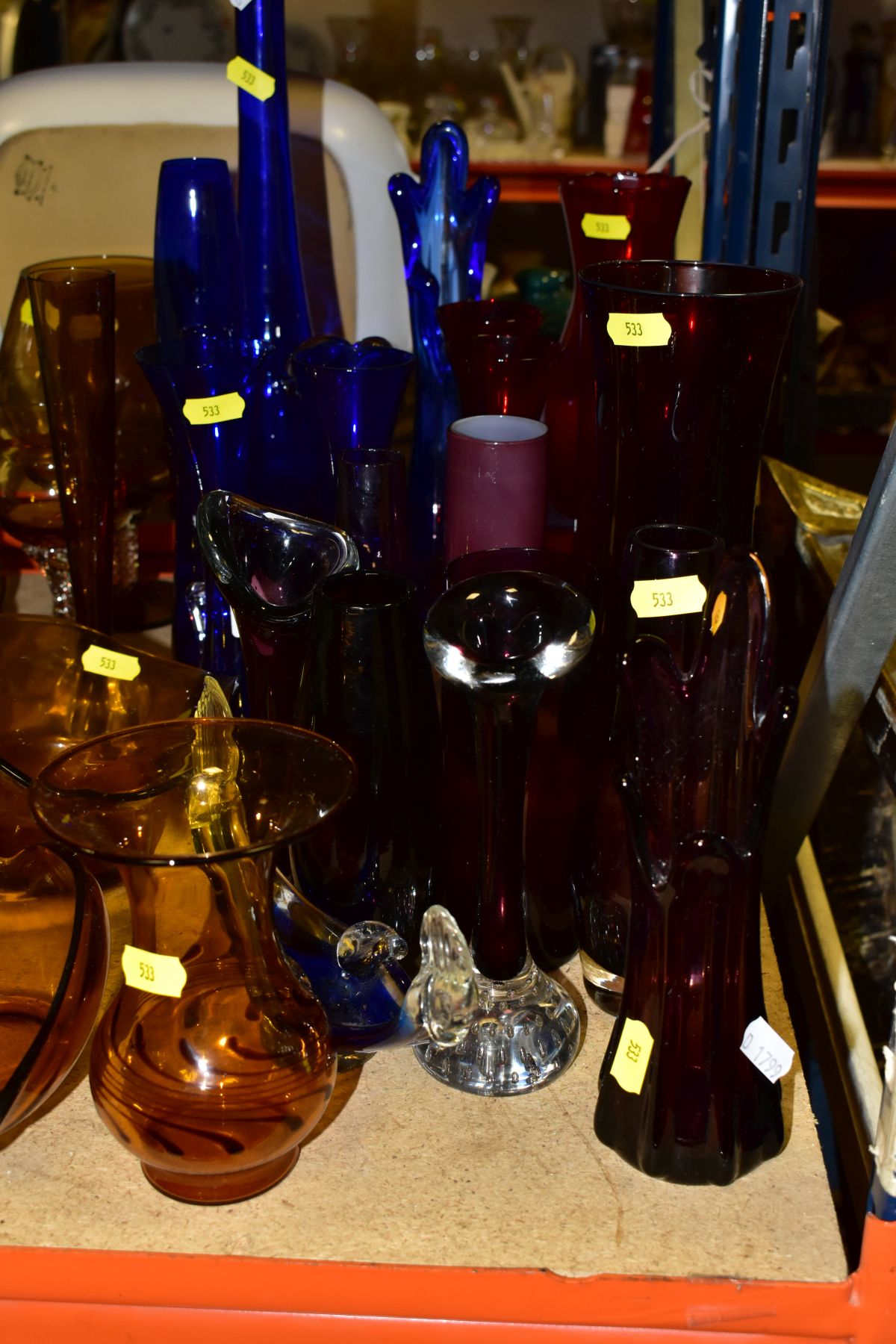A QUANTITY OF COLOURED GLASS, to include controlled bubble bud vases, Chance handkerchief vase, - Image 2 of 10