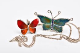 TWO WHITE METAL AND ENAMELLED BUTTERFLY PENDANTS AND A CHAIN, the first butterfly pendant