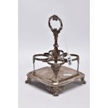 A GEORGE IV SILVER CRUET STAND, of a square form, four circular holders, fitted with a decorative