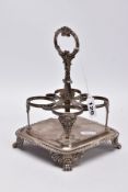 A GEORGE IV SILVER CRUET STAND, of a square form, four circular holders, fitted with a decorative