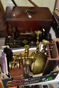 METALWARES ETC, to include a wooden cased Longford family sewing machine, brass desk cannon on