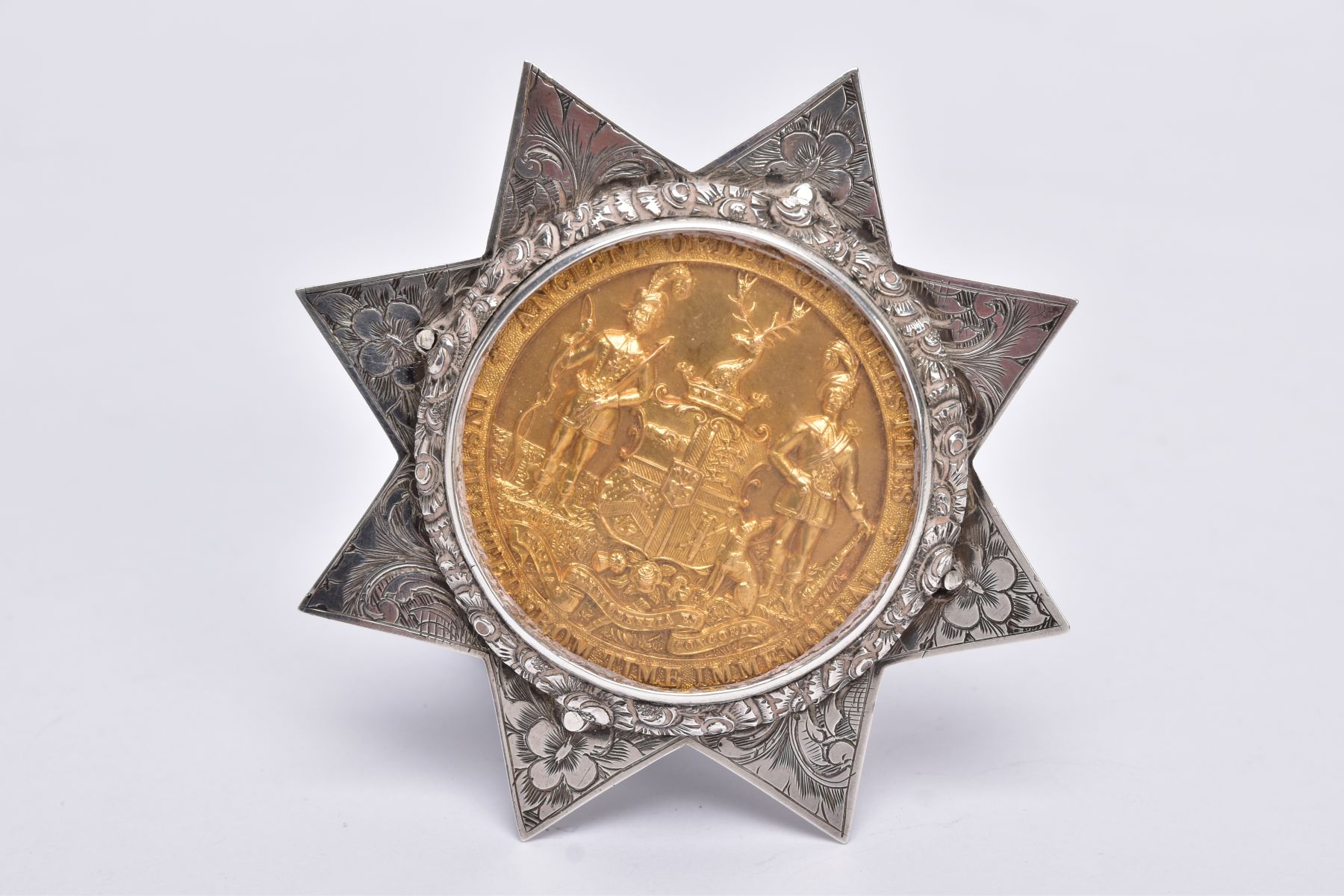 A MID VICTORIAN SILVER CHIEF RANGERS MASONIC MEDAL, star form with an engraved floral design, set