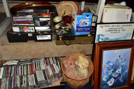 FIVE BOXES OF CD'S, DVD'S, LP'S, METALWARES, SUNDRIES, ASSORTED PRINTS, SOFT TOYS, ETC, including an