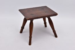 A 19TH CENTURY VERNACULAR CANDLE STAND/ STOOL FOR A DRESSER, mahogany top, turned beech legs,