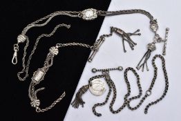 THREE WHITE METAL ALBERTINA CHAINS, the first with a rope twist chain fitted with a foliate engraved