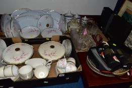 THREE BOXES AND LOOSE CERAMICS, GLASS, PICTURES, ETC, to include a German porcelain dinner