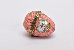 A LATE 18TH CENTURY ENAMELLED AND GILT BOX, of an egg form, pink and gilt ground, with Vignette's of