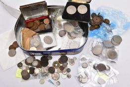 A TIN CONTAINING UK AND WORLD COINS to include amounts of 19th Century coinage with silver Islamic