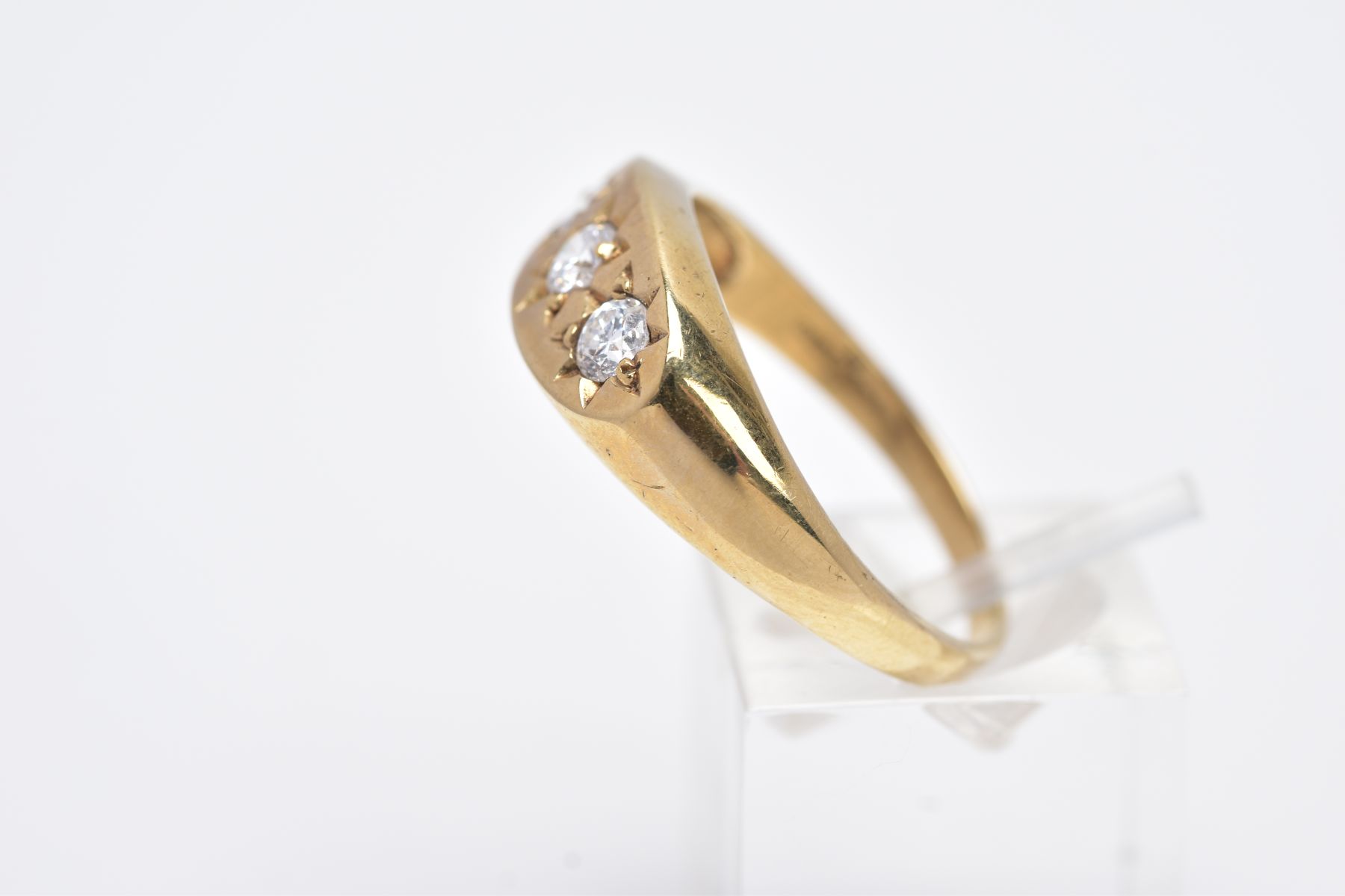 A 9CT GOLD GENTS THREE STONE RING, designed with three star set, circular cut colourless cubic - Image 2 of 3