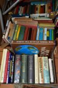 BOOKS, three boxes containing approximately eighty five hardback and paperback titles to include