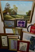 PAINTINGS AND PRINTS etc to include two Digby Page landscapes with cottages, signed, oil on