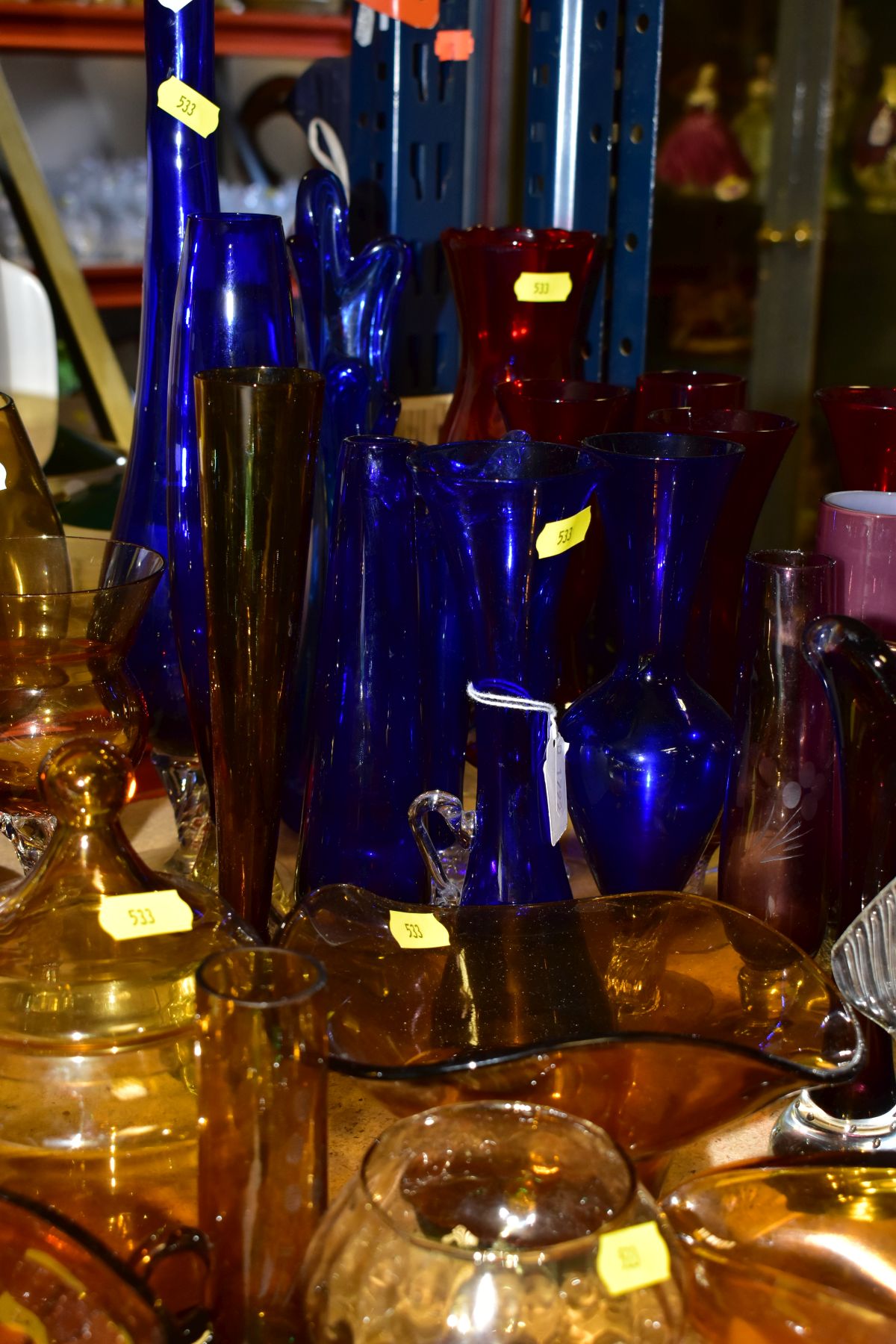 A QUANTITY OF COLOURED GLASS, to include controlled bubble bud vases, Chance handkerchief vase, - Image 5 of 10