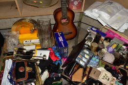 FOUR BOXES AND LOOSE SUNDRY ITEMS, GLASSWARE, LINEN etc, to include various beaded purses/bags,