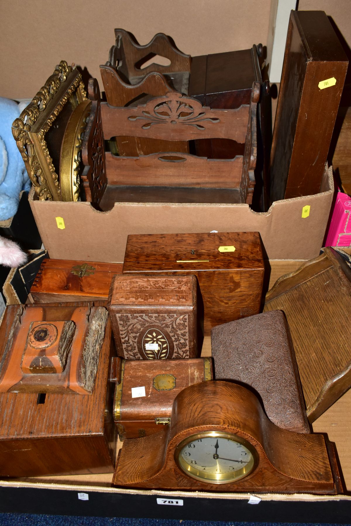 TWO BOXES OF WOODEN BOXES, BOOK RACK AND CLOCK, etc, to include mahogany workbox lacking interior