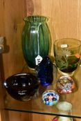 SIX PIECES OF MODERN COLOURED GLASSWARE, including three paperweights, one of penguin form, a