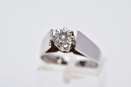 A 9CT WHITE GOLD SINGLE STONE DIAMOND RING, designed with an illusion set, single cut diamond, in