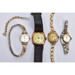 FOUR 9CT GOLD CASED WRISTWATCHES, to include a gent's watch with a round white dial, Roman numerals,