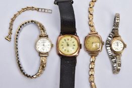 FOUR 9CT GOLD CASED WRISTWATCHES, to include a gent's watch with a round white dial, Roman numerals,