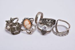 A BAG OF ASSORTED SILVER AND WHITE METAL RINGS, to include ten rings of various designs, such as a