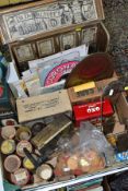 A BOX AND LOOSE OF VINTAGE TINS, ADVERTISING CARDS, etc including a wooden box with facsimile