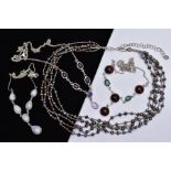 FOUR NECKLACES, to include a white metal necklace set with six pear cut moonstone cabochons,