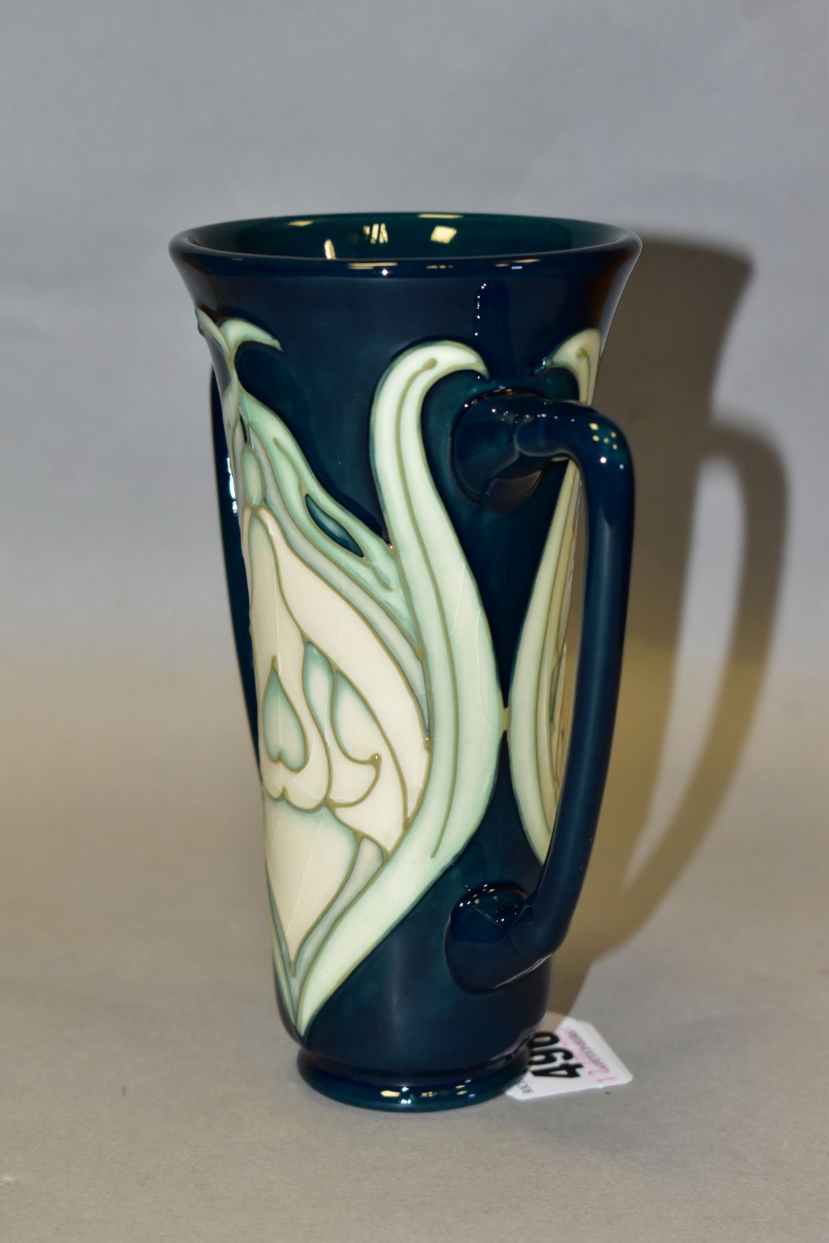 A MOORCROFT POTTERY COLLECTORS CLUB TWIN HANDLED VASE, 'Snowdrop' pattern designed by Rachel Bishop, - Image 4 of 6