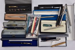 A BOX OF ASSORTED PENS, to include a Fisher gold coloured space pen, a Parker Vector fountain pen in