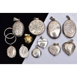 A BAG OF ASSORTED SILVER AND WHITE METAL LOCKETS, to include an oval silver locket with an