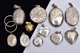 A BAG OF ASSORTED SILVER AND WHITE METAL LOCKETS, to include an oval silver locket with an