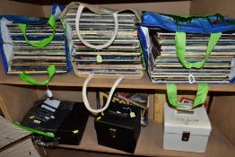 THREE BAGS AND TWO CASES OF RECORDS AND A GLOBAL G12MOS MODERN TURNTABLE, to include ELO, John