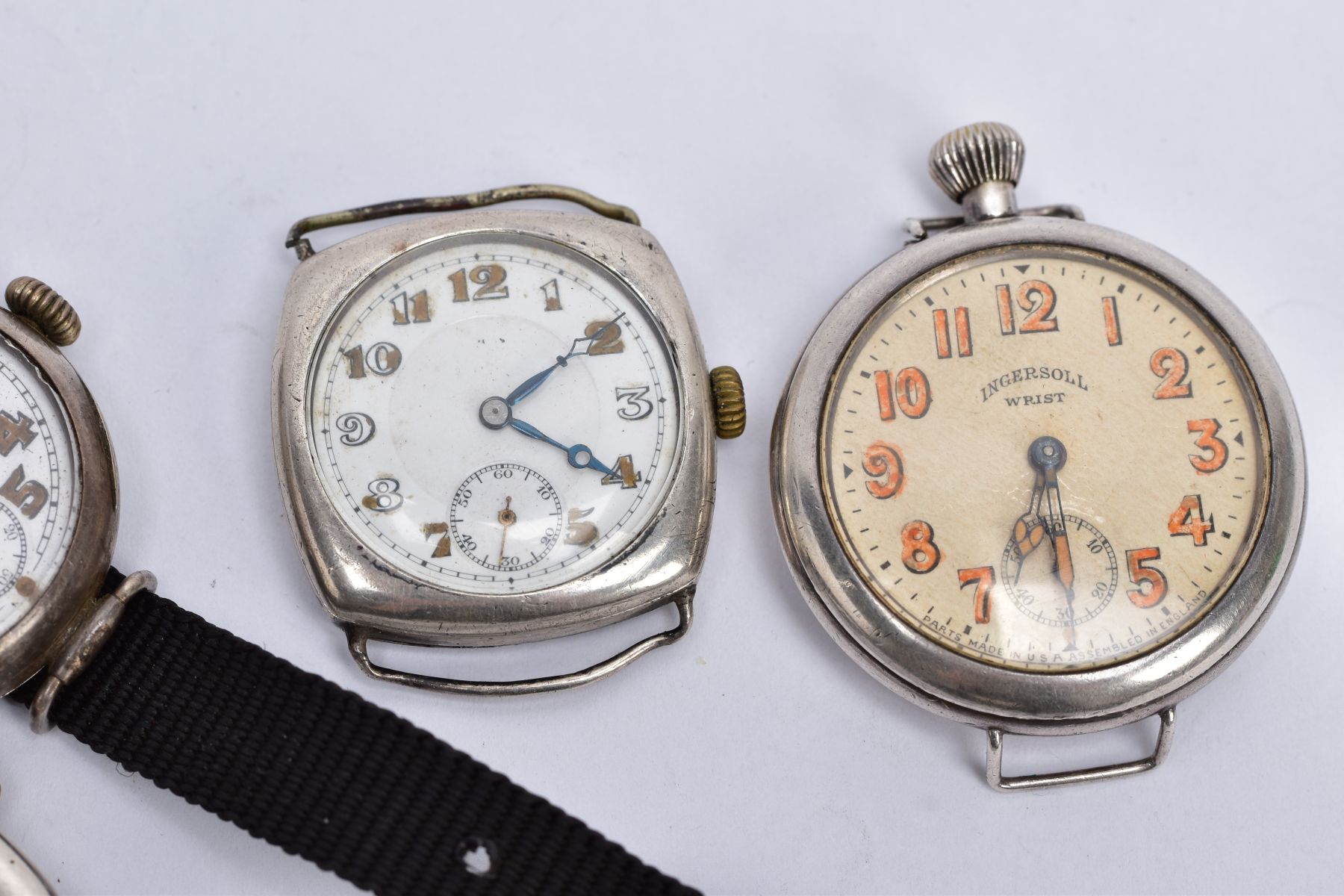 FOUR SILVER MILITARY TRENCH WRISTWATCHES, to include one with a round white dial, Arabic numerals, - Image 3 of 4