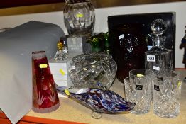 A GROUP OF GLASSWARE, to include boxed Royal Doulton decanter and four tumblers, boxed Dartington