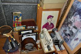 A QUANTITY OF BOOKS, PRINTS, SEWING MACHINES, WOODEN TENNIS RACQUETS, etc, including a 1931 Mickey