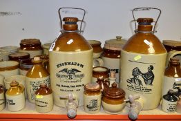 A LARGE QUANTITY OF STONEWARE FLAGONS, KITCHENWARES, BOTTLES ETC, to include Moira Pottery '