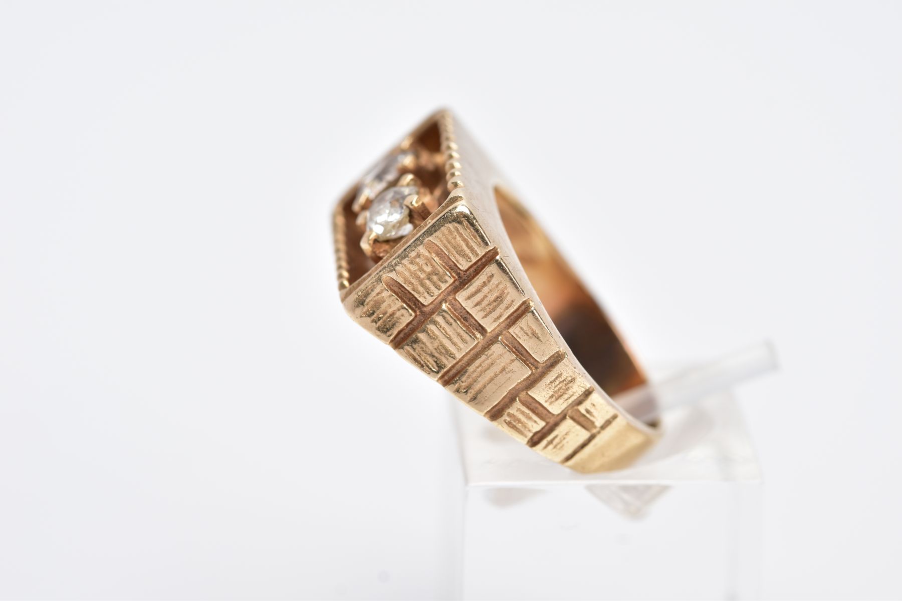 A YELLOW METAL DIAMOND SIGNET RING, of a rectangular design, with two claw set old cut diamonds, - Image 2 of 3