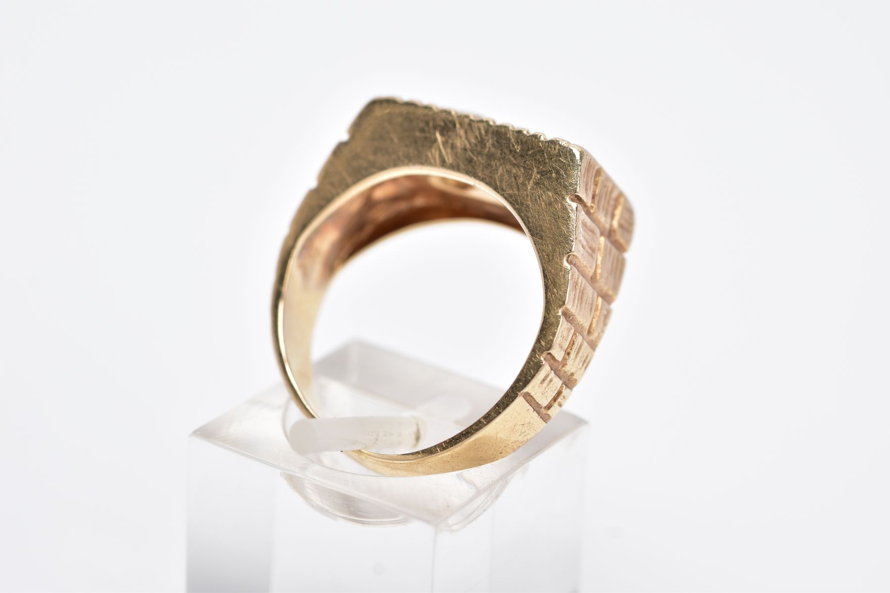 A YELLOW METAL DIAMOND SIGNET RING, of a rectangular design, with two claw set old cut diamonds, - Image 3 of 3