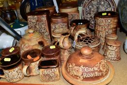 A COLLECTION OF QUANTOCK DESIGN KITCHEN POTTERY, including a garlic roaster 'Sugar Caddy, Tidy Jar',
