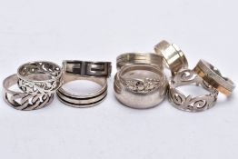 A BAG OF ASSORTED SILVER AND WHITE METAL RINGS, to include ten rings in total, three silver rings