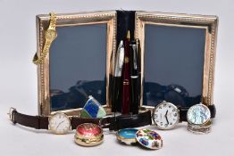 A BOX OF ASSORTED ITEMS, to include a double fold out silver photo frame, each of a rectangular form