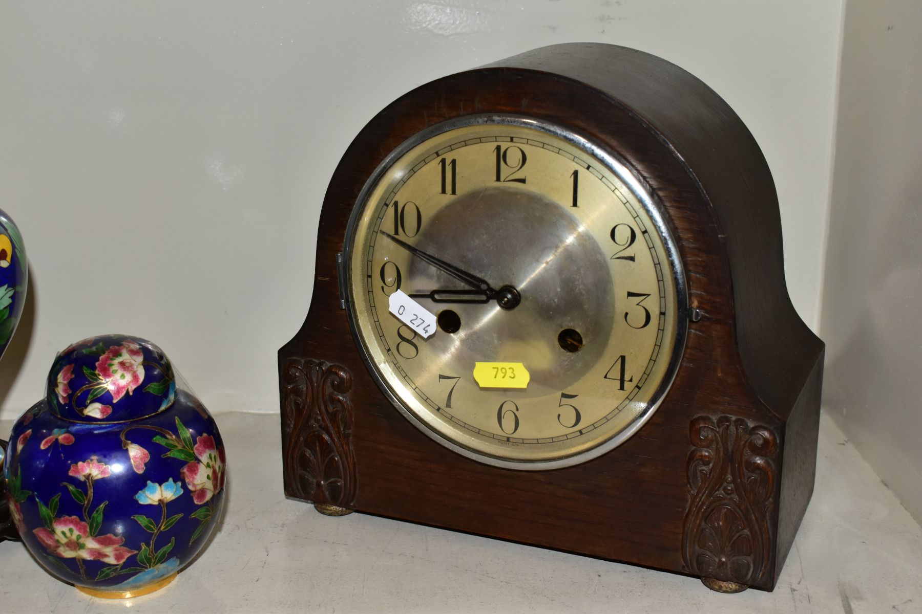 A 1920'S OAK CASED DOME TOP MANTEL CLOCK, two 20th Century cloisonne jars and covers, one with a - Image 6 of 6