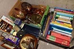 THREE BOXES OF BOOKS, COPPER, TINS, TREEN AND PRINTS, ETC, including 20th century copper planters,